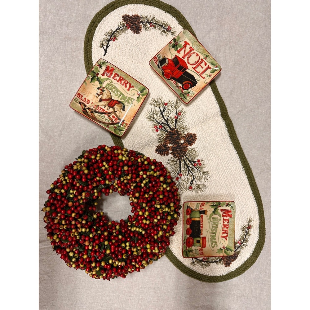 Certified International Susan Winget Christmas Plates Runner & Berry Wreath Set